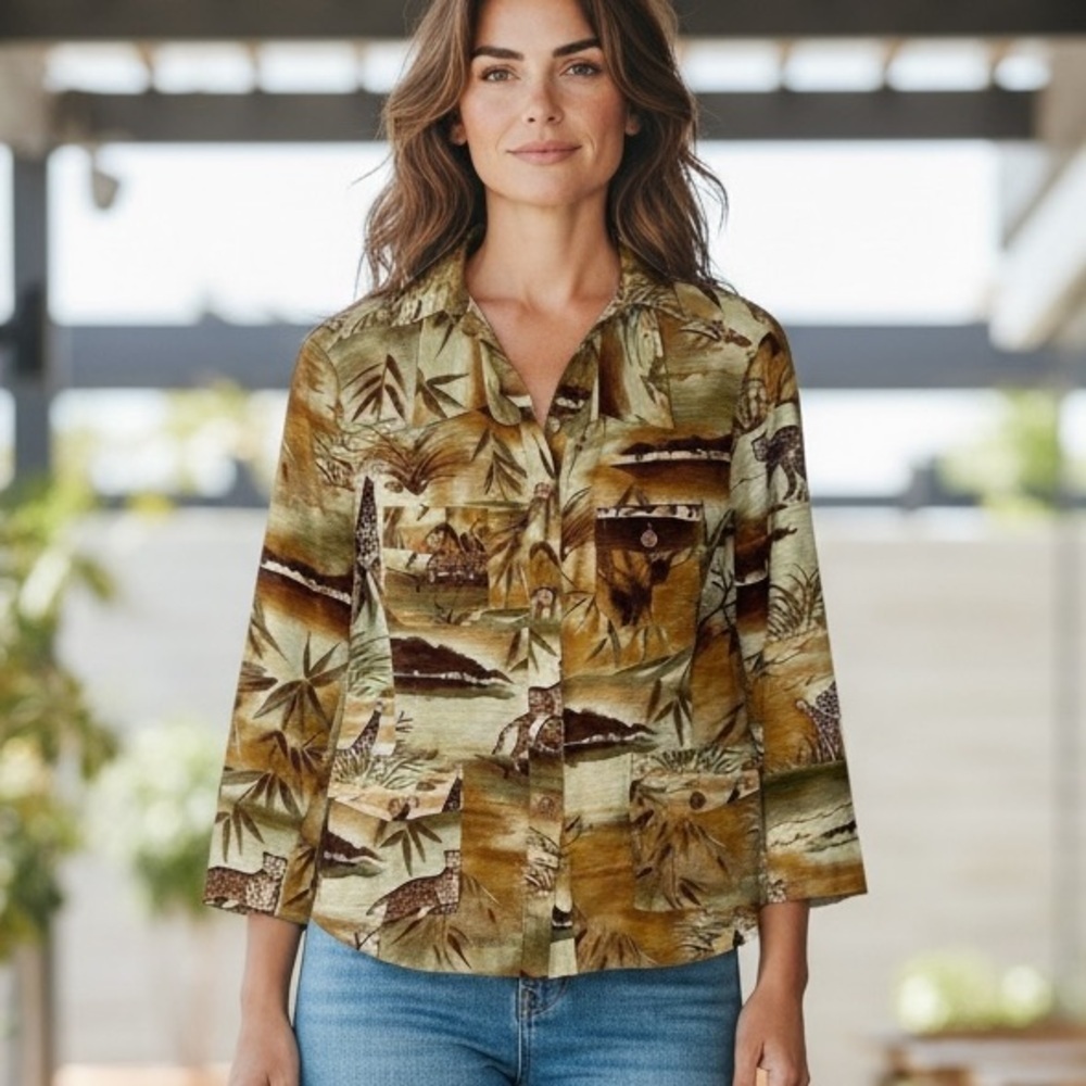 Silkland Safari Print Button Down Long Sleeve Silk Top